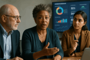 Three people talking