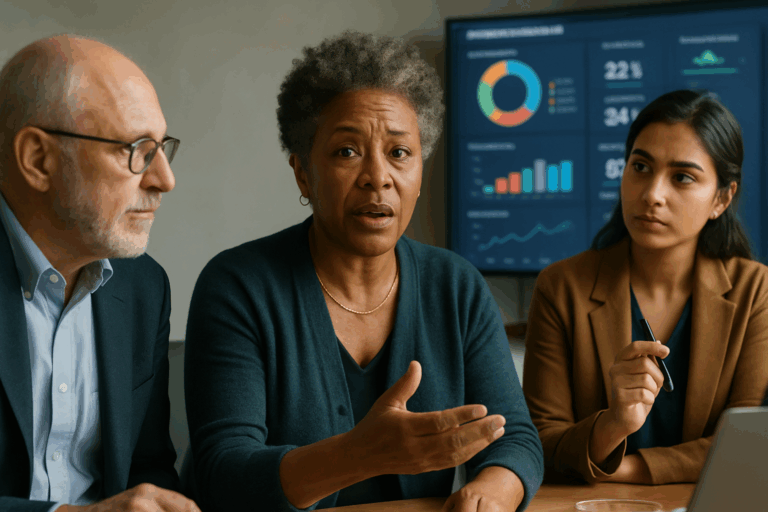 Three people talking